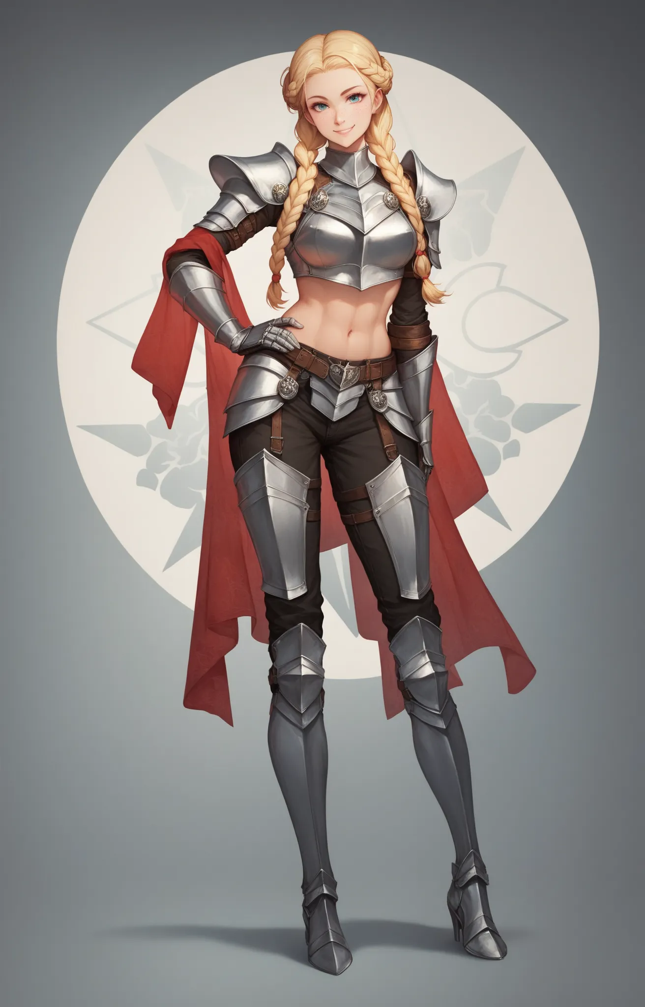 high quality image, 8k resolution, detailed image, anime style, full body picture, 20 year old female knight, sexy armor showing midriff, blonde braided hair, twin-tails hairstyle, posing with hand on hip, looking at viewer, confident smile, freckles