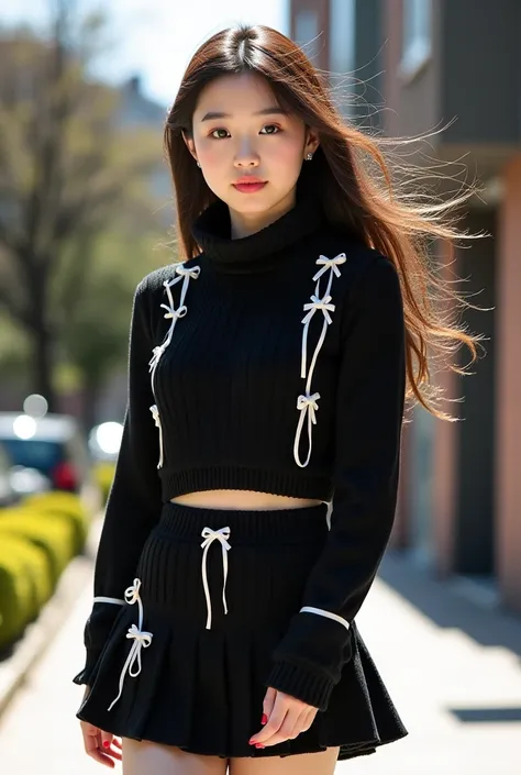 Beautiful Korean girl with young face is dancing outside while it’s sunny she is wearing the stylish total black look consists of a knitted crop sweater with a high collar and long sleeves, decorated with white satin ribbons in the form of crosses and bows...