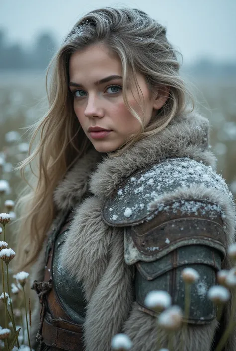 Viking warrior girl,fur coat,snowing,facing viewer,medieval armour,Waling through field of flowers,heavy snow,Natalie dormer, Ethereal,Portrait,Closeup, portrait,girl posing,Closeup candid photo,Hailee steinfeld  and Maddison beer ,,Closeup,Young ,Voluptuo...