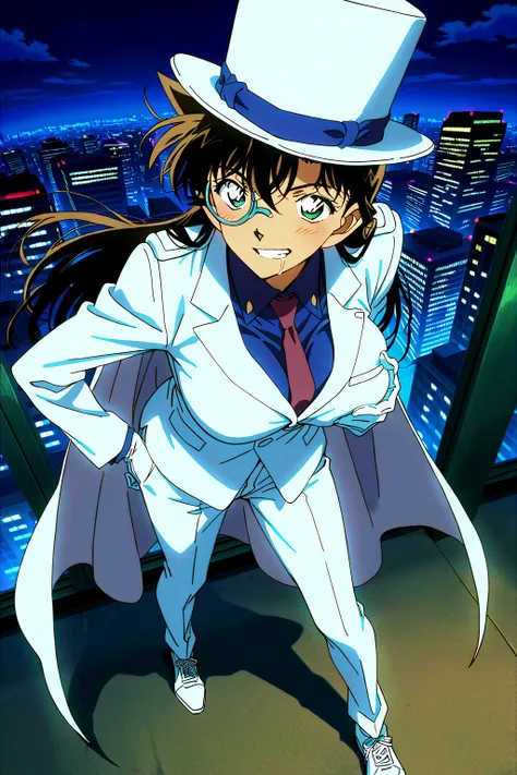 anime painting,Detective Conan, Mouri Ran,throw,1 girl,official art,,long hair,  black hair, Kaito ,  Big Breasts,monocle,  white silk hat, blue shirt, red tie, White Cape, Shoulder rest, white pants,  white shoes , ABSARD DRESS, Alone,grin,grab own breast...