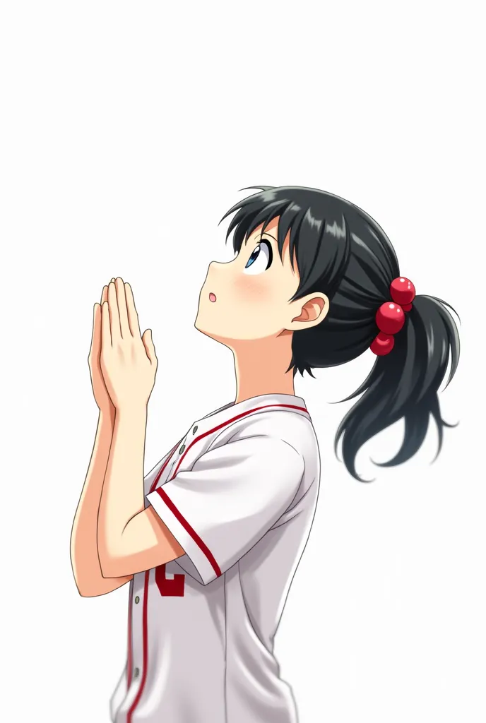 a perfect center part, revealing her entire forehead. baseball club manager、profile、Praying with folded hands、 look up at the sky、A prayer pose where one girl crosses her fingers tightly、Diagonal orientation、Pray to look up、completely conceals the mouth an...