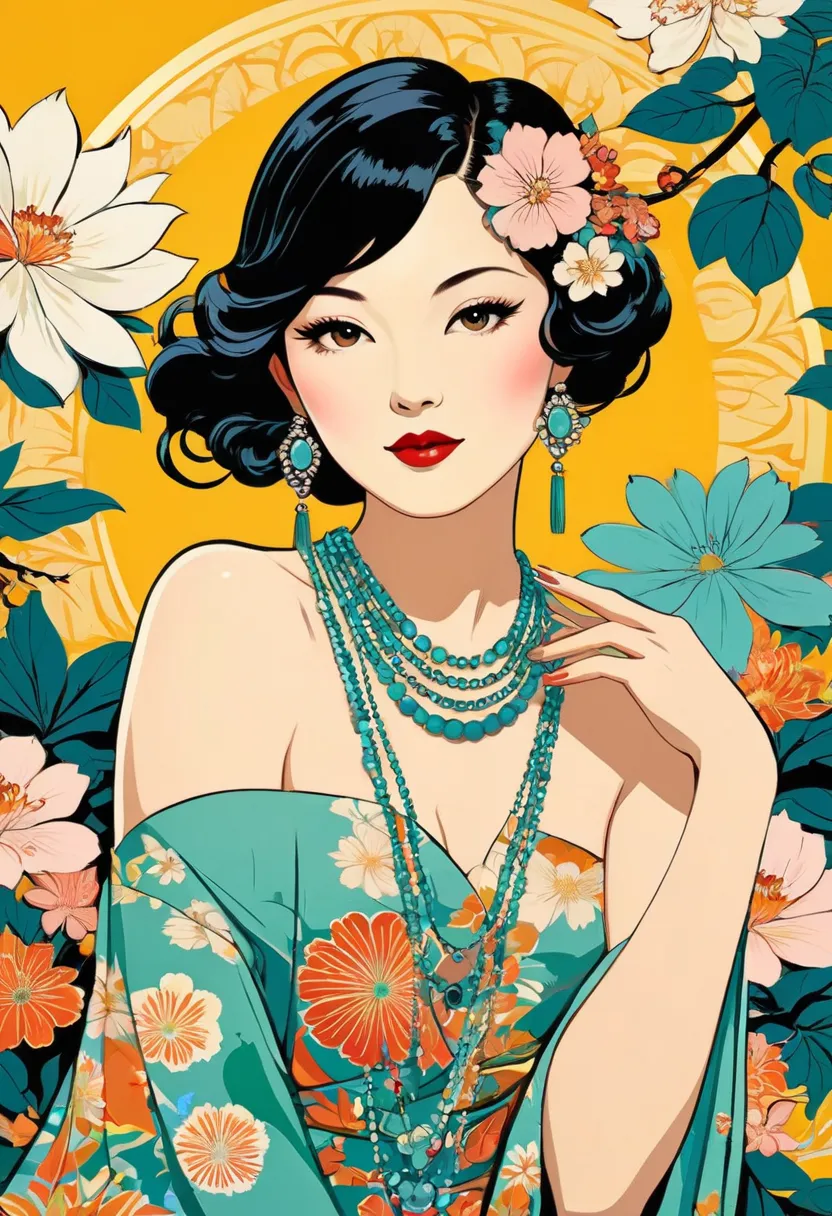 Masterpiece Painting, Feminine Art , Art Deco,  flat illustration , vecter art, lots of flowers , jewelry, pop art, beautiful Japanese woman,