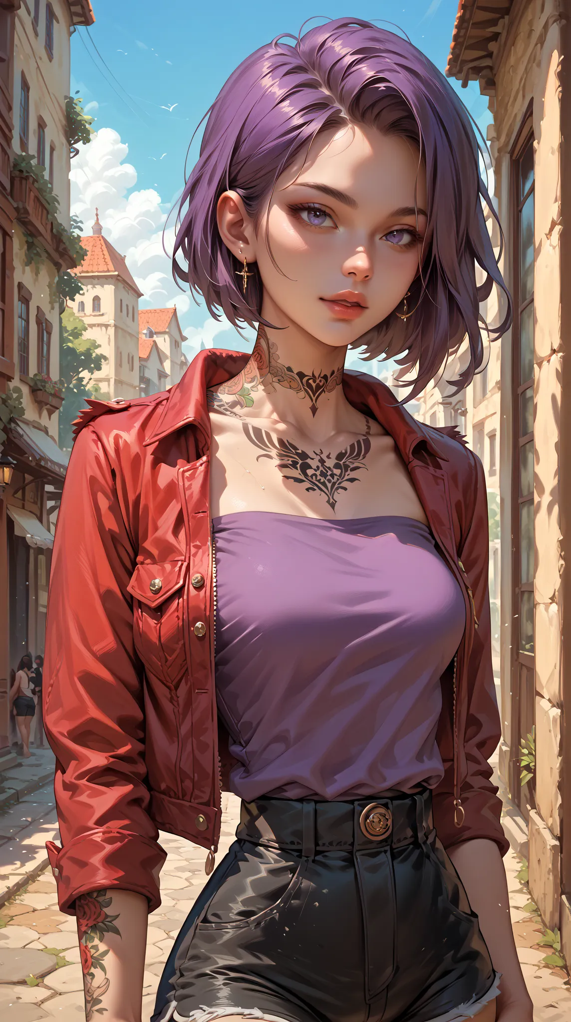 Purple Sleeveless T-shirt， Black Shorts ， Red Jacket ， strapless， sexy body on your upper body，attractive woman，Neck tattoo ，Tattoo，Mobile Paintings，Curved waist，moving drawing on your hand，background is outdoor，Stunning，highest resolution