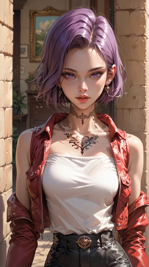 Purple Sleeveless T-shirt， Black Shorts ， Red Jacket ， strapless， sexy body on your upper body，attractive woman，Neck tattoo ，Tattoo，Mobile Paintings，Curved waist，moving drawing on your hand，background is outdoor，Stunning，highest resolution