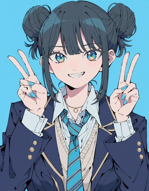  flat color , 1girl, One, tie,  double bun, v,  smile, blazer, necklace, hair,  hair bun , looking at viewer,  shirt, simple background, upper body,  blue background , nail polish, blue nails, collared  shirt, blue eyes,  chelka, blue tie, black necklace, ...