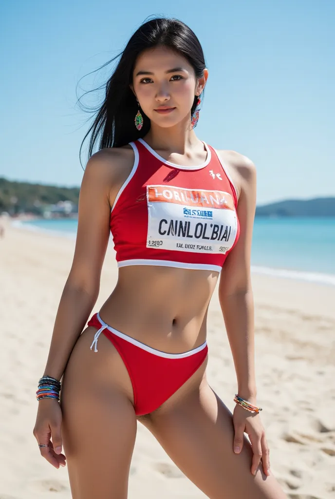  Picture of a beautiful Colombian dark-haired woman with white skin and hair. I'm wearing a track and field athlete costume. .   She has several earrings and bracelets . . The background is a beach .  full body shot