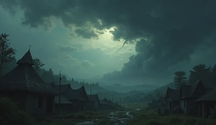 cinematic style Dark clouds rolling over the kingdom, casting shadows over the once-peaceful villages, with people looking up in fear.  