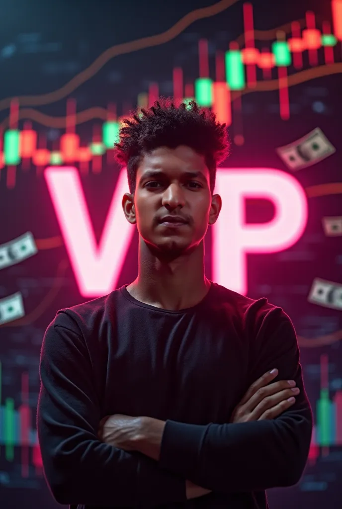 A confident This young man with Behind him, a digital stock market chart with red and green candlesticks glows, creating a dynamic financial theme. Large, bold text ‘SFS VIP’ appears in a fiery pink font with flames in the background. Floating US dollar bi...