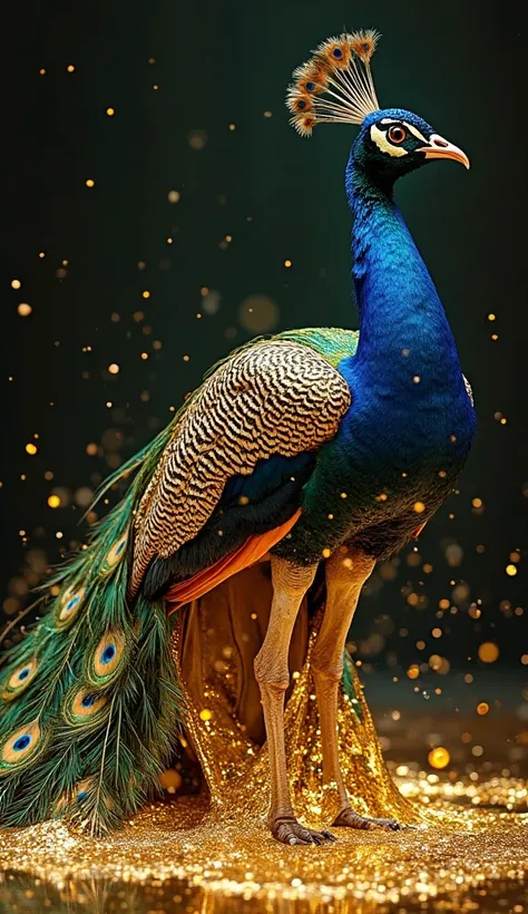 "Create a visually stunning image featuring a majestic peacock with its iridescent feathers blending seamlessly into flowing liquid gold. The gold should appear to swirl and drip from the feathers, creating a mesmerizing fusion of nature and luxury. The pe...