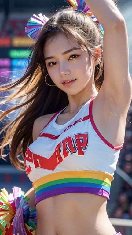 (((TOP QUALITY、8k、Photorealistic:1.4、masterpiece)))、backlight、 Nice Faces Bundle Hairstyle Logo 、18 years old、(((Rainbow Cheerleader:1.2)))、(( stadium background:1.2))、Raise your arms、smile、  open mouse、輝く twinkle in both armpits髪と長い髪型,,,,、 iridescent hair...