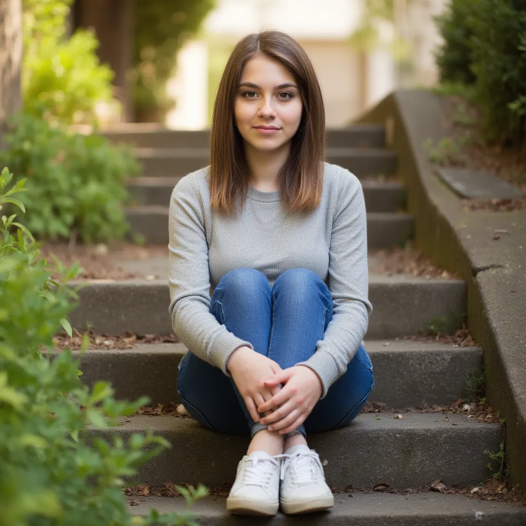 Frau sitzt auf der treppe. Hat einen dünnen Pullover an. Eine Jeans und Turnschuhe  style photorealistic ,  sharp focus, very detailed, sunlight, Detail,  full body