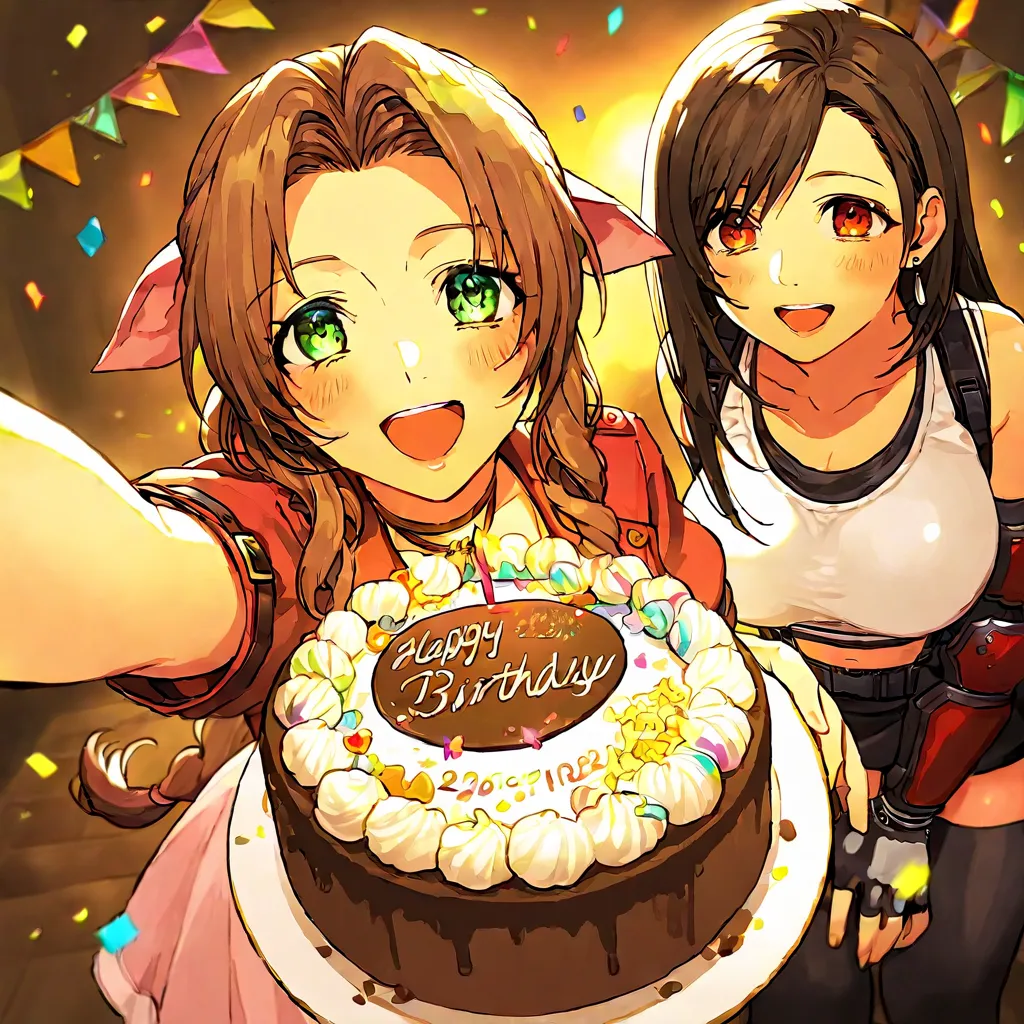 Tifa Lockhart, Aerith Gainsborough, 2girls, smiling, happy, cheerful,  
holding cake, chocolate cake, birthday cake, "Happy Birthday" written on cake,  
party decorations, colorful balloons, confetti, festive atmosphere,  
warm lighting, joyful expression,...