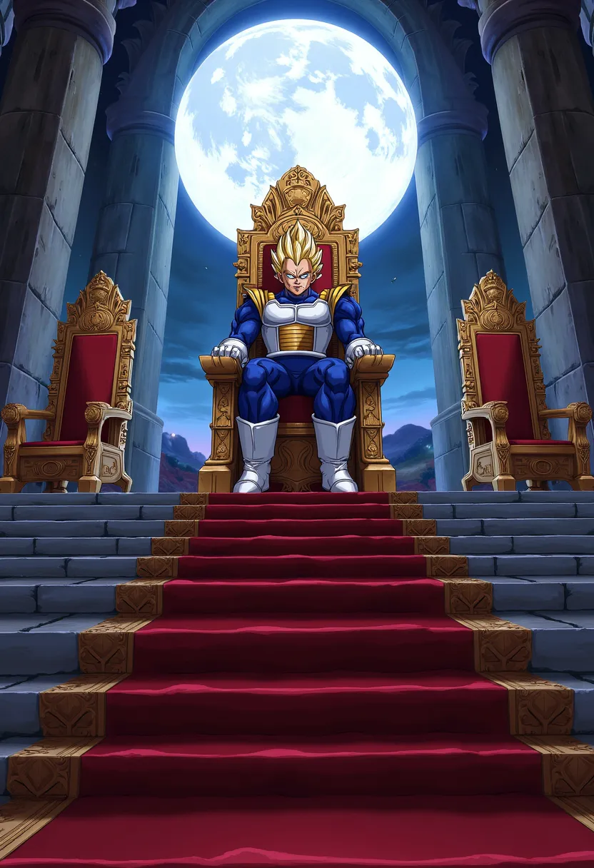 Vegeta 2d, sitting on a throne, there is another empty throne next to it, there is a staircase before the throne and a red carpet, the throne has shades of gold and red, Vegeta is wearing armor, and white boots, in the castle and in the background you can ...