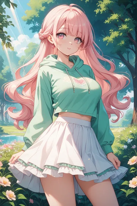  green hoodie 　pink eyes　Putty white clothes　skirt　Big Breasts　female