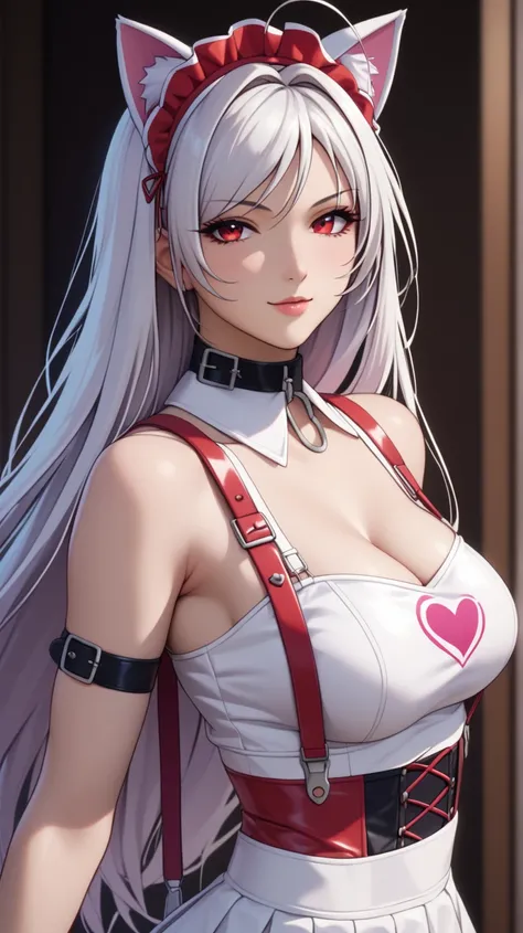 vampire moka akashiya, long hair, red eyes, ahoge, white hair, large breasts, headdress with white fake cat ears、wear a white suspenders over an off-shoulder short-sleeve white crop top、white heart(symbol) print on crop top, low-rise white latex (A-line) t...