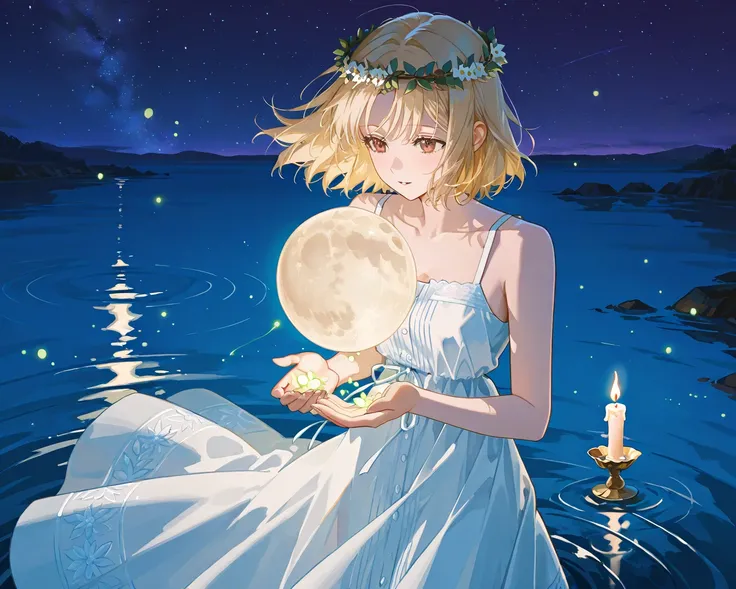 The reflection of the starry sky in the water, the reflection of the dawn on the water surface, blonde girl with light gold hair, flutters in the wind,  brown eyes , Slavic shirt, Slavic white summer dress with Slavic red patterns, wreath with a round moon...