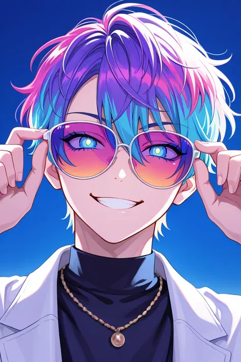 high quality, pretty colored sunglasses, smiling face, bright style, makeup, pretty boy, handsome, face center, Cool tone style, sly, a dyed hairstyle, bright eyes, male, high detail, delicate design, slick face, effective style