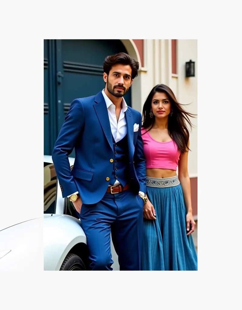 A confident medium built man  with piercing brown eyes in a tailored blue suit and gold watch leans against his sleek sports car, exuding luxury. his windswept dark hair and subtle stubble add a touch of effortless allure, Beside him a graceful woman in a ...