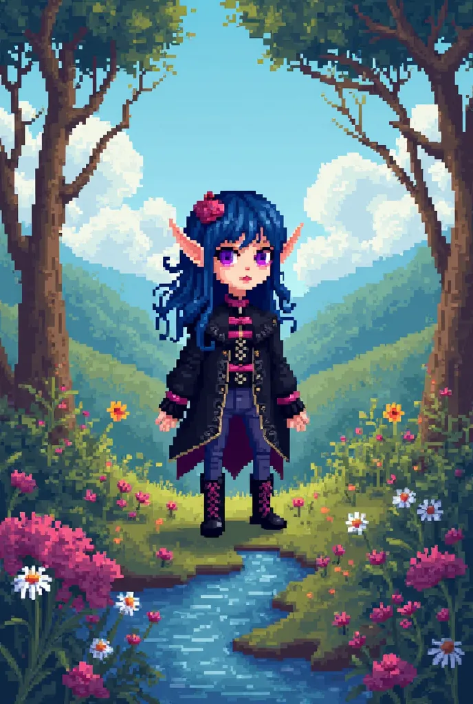 Pixel style Stardew Valley, An elf with dark blue hair in gothic clothes, quite beautiful. Eyes with heterochromia, the left one dark purple and the right one a soft pink.