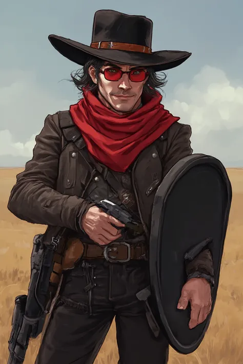 One adult Male, Black and Grey mid long hair, green Eyes, studded Leather vest, black pants, red scarf, Black long Muffler, black Western Hat, rectangular Red shades with small.glasses, Holding a Modern Revolver, holding a tactical shield, Full Body view, ...