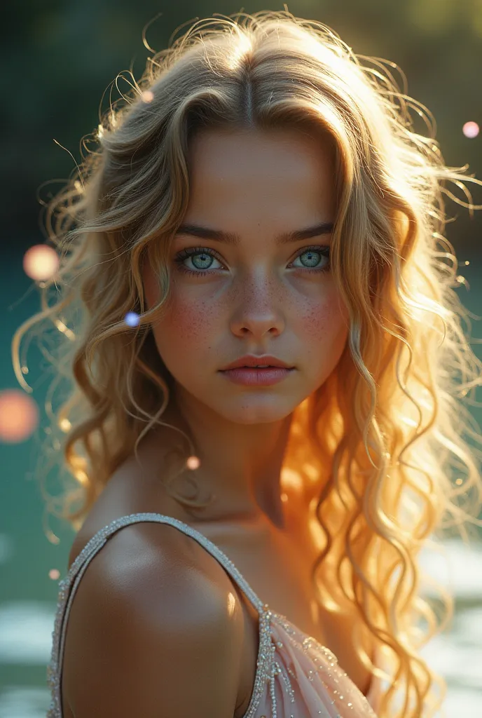 "A breathtaking portrait of a young, ethereal girl with mesmerizing blue eyes and delicate, luminous skin. The scene is bathed in the perfect golden-hour light, creating a soft, dreamy glow. Her hair flows naturally with intricate details visible in every ...