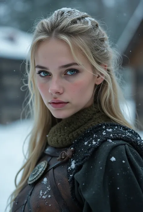 Viking warrior girl,facing viewer,medieval armour,Waling through burning village,,heavy snow,Natalie dormer, Ethereal,Portrait,Closeup, portrait,girl posing,Closeup candid photo,Hailee steinfeld  and Maddison beer ,,Closeup,Young ,Voluptuous,,Youthful , ,S...