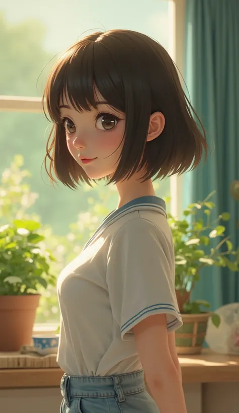 break:  a Japanese woman in her 20s 、 bob cut from behind、 dark brown hair、3D animation style, Pixar-like, DreamWorks-style。  Waking up、Bedhead、 j Siu-yan、garden、 in the ward