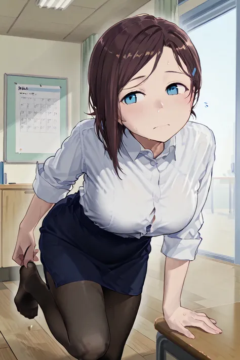 NSFW、company、 realistic、cute、Junior、 dark brown hair、Beautiful Girl、office lady、、 slightly larger breasts、thin body、white shirt、胸の谷間、tight skirt、sweat、sweat臭い、black pantyhose with my own、Very smelly feet、((Leaning forward、Hold your own one leg、Move your no...