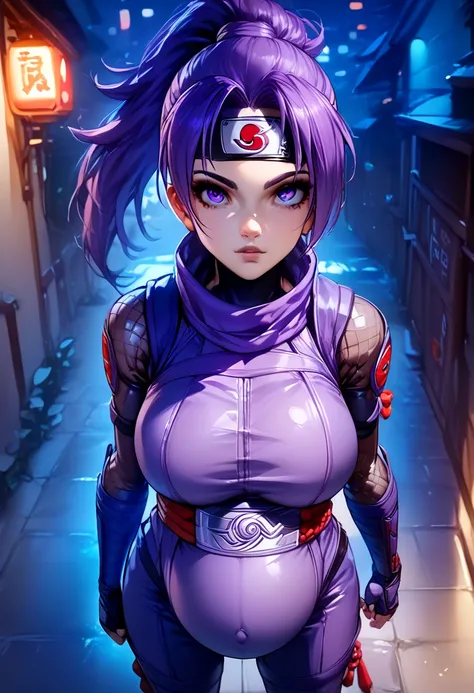 (best quality), 1 girl ,(young,adult:1.7),(1 ninja:1.6),(neutral expression, staring hopefully up at viewer), long purple hair , ninja attire, pregnant belly (fully clothed:1.4),(standing,looking up at viewer,facing viewer),(large breasts:1.4) in a night r...