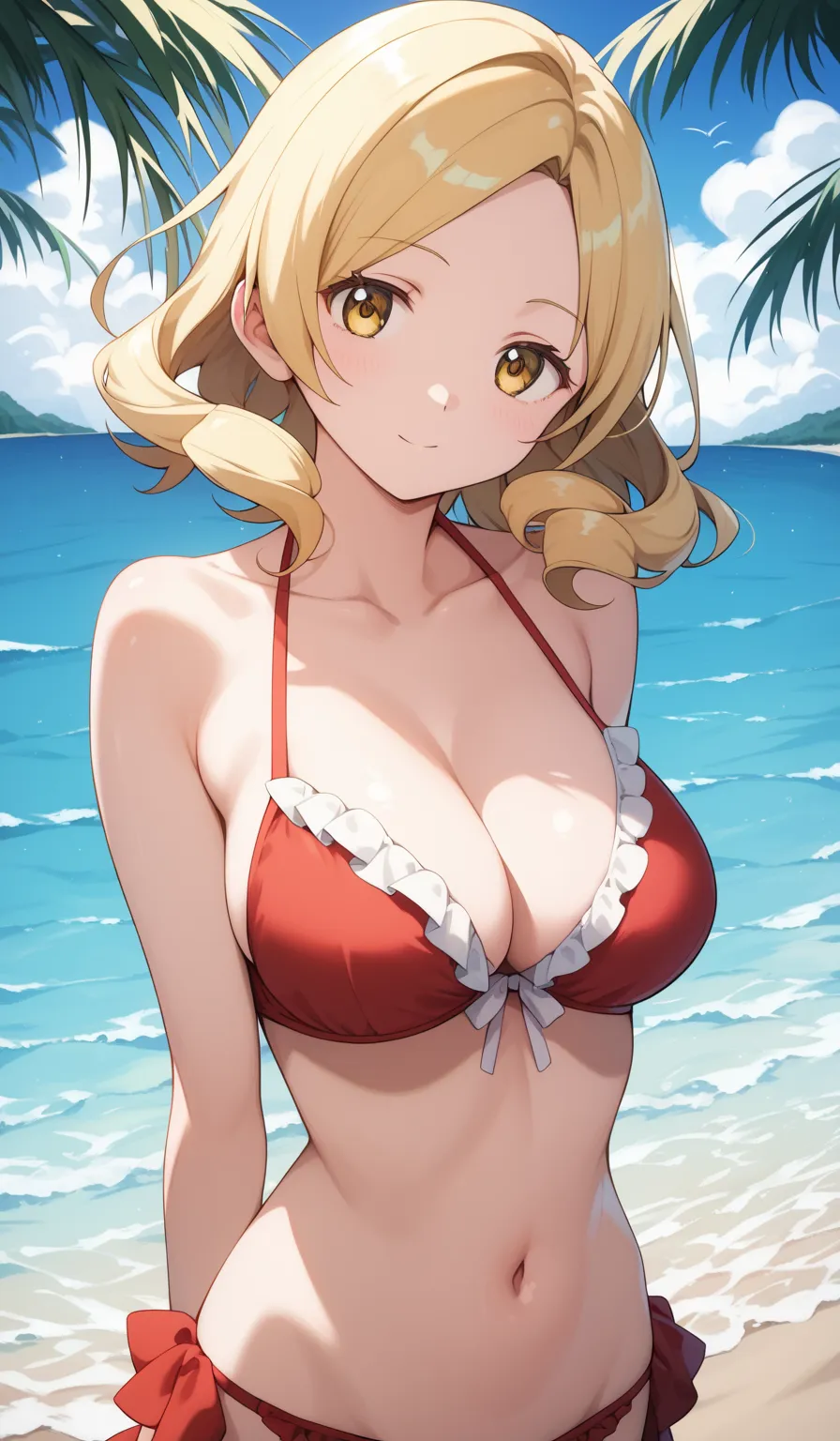 masterpiece, best quality, detailed beautiful face and eyes, very detailed background, Mami Tomoe, megami magazine, medium blonde hair, parted bangs, yellow eyes, large breasts, 1girl, cowboy shot, beach, looking at viewer, frilly bikini