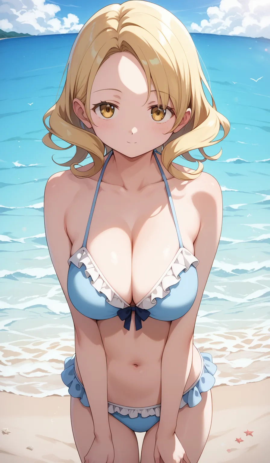 masterpiece, best quality, detailed beautiful face and eyes, very detailed background, Mami Tomoe, megami magazine, medium blonde hair, parted bangs, yellow eyes, large breasts, 1girl, cowboy shot, beach, looking at viewer, frilly bikini