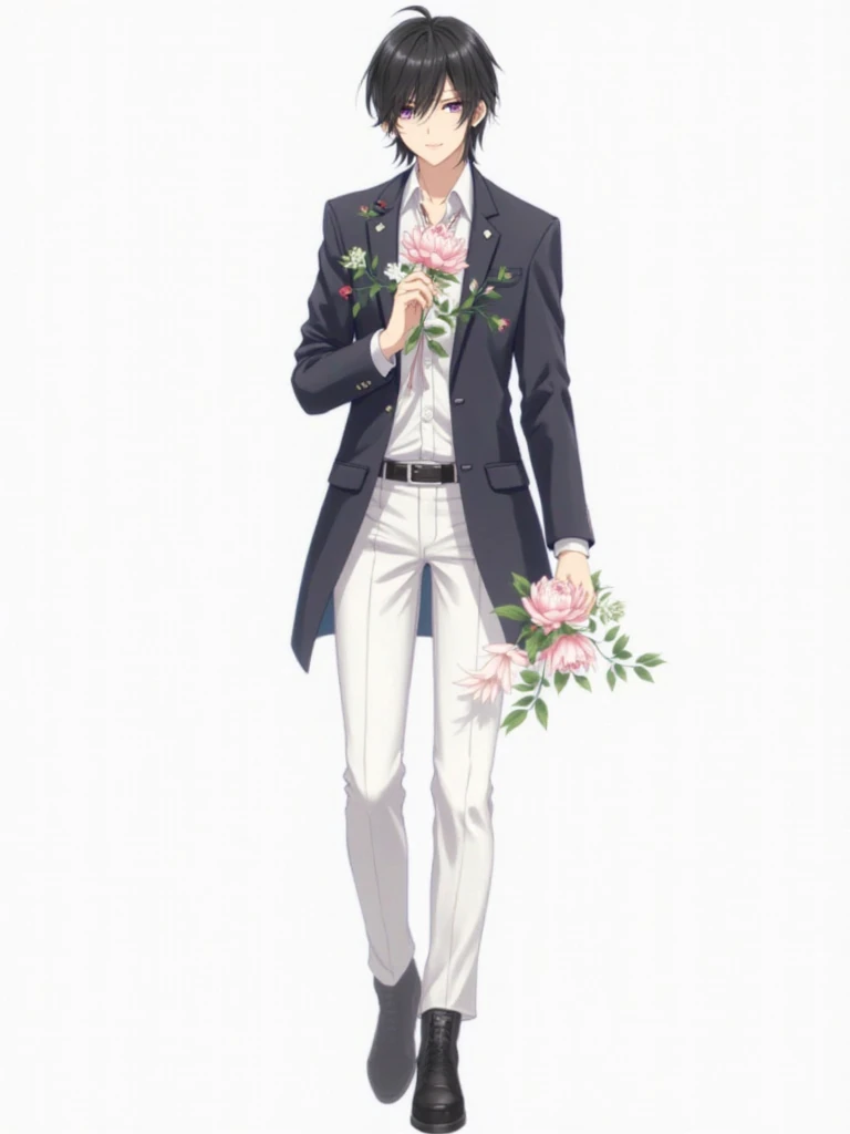 white background,A male,Single,black half-length hair,New Chinese fashion,wearing a blazer,with few lotus elements, with white shirt inside ,White trousers, black boots,Holding flowers，Gentle and elegant,Anime illustrations, anime style, character design, 