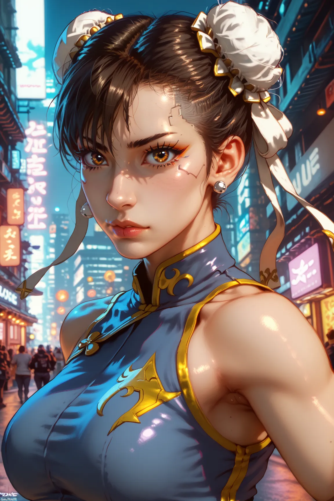 A fox girl in tight Chun Li clothes, detailed, realistic presentation, photorealistic, high-quality illustration, 4K, HDR, fine brushstroke, picturesque, vivid colors,  dynamic pose, concentrated facial expression, Precise facial features,  Close Up , city...