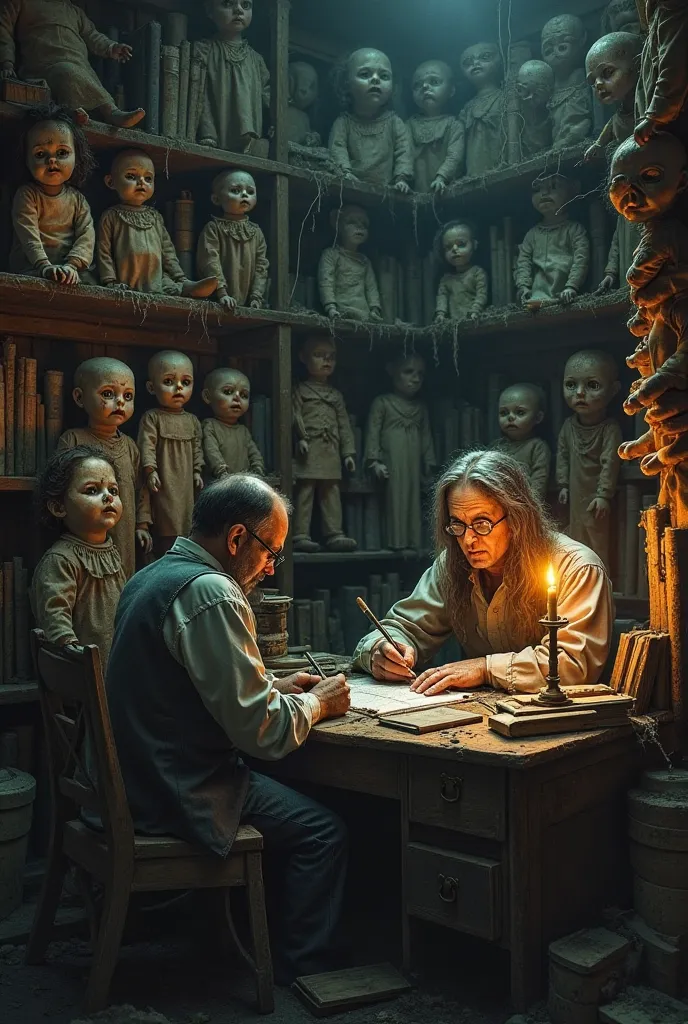 "A dimly lit room filled with old, eerie dolls dressed in tattered clothing. A man resembling a historian with glasses and an unsettling expression sits at a wooden desk covered in books about cemeteries and the occult. Dust and cobwebs cover the shelves. ...