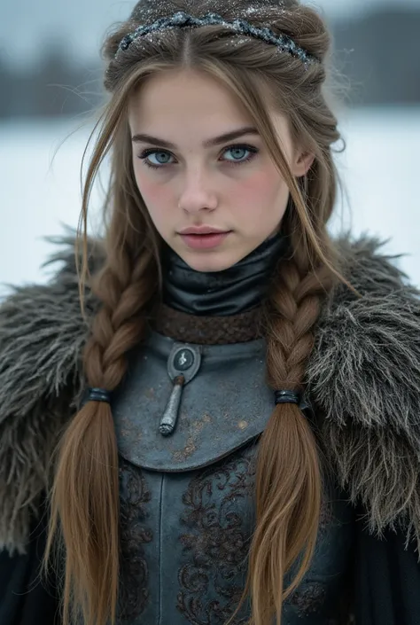 Viking warrior girl,braided hair,facing viewer,medieval armour,Waling through burning village,,heavy snow,Natalie dormer, Ethereal,Portrait,Closeup, portrait,girl posing,Closeup candid photo,Hailee steinfeld  and Maddison beer ,,Closeup,Young ,Voluptuous,,...