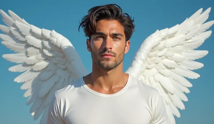 "A highly realistic depiction of a male angel with a strong yet serene presence. He appears to be around 32 years old, with a chiseled, handsome face, deep green eyes that radiate wisdom and kindness, and slightly tousled dark brown hair. His athletic buil...