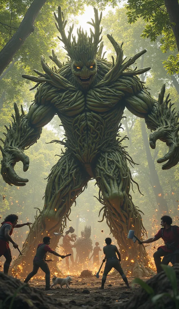 Scene 6: The Attack – Fighting for the Forest
Prompt:
"The Groot-like tree creature shields Fluffy, its arms stretching like vines to grab and disarm the attackers. The men struggle as roots wrap around their legs. The villainous woman watches, her eyes na...