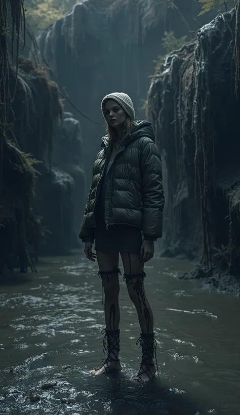 grainy, extremely detailed pale woman in sludge pit in washed dark lightweight down jacket,short skirt, detailed nylon sludge covered stockings with garters, standing, victim of the ritual, murky sludge,   fashion photo shoot,dark orgasm, Posing Sexually, ...