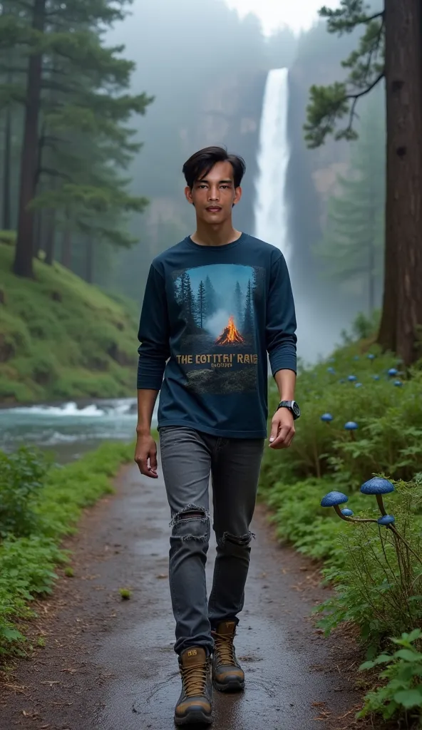 full-length photo of a 29-year-old young handsome Asian man with tanned skin tone, facial details, skin texture, and straight hair styled with a side parting.Wearing A dark Misty blue long -sleeved shirt with pictures Foggy pine forest and bonfire burning ...