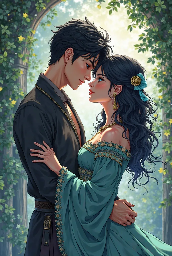 Anime Let's be a novel cover for a handsome young man, black hair, blue eyes, olmani dress, showing love to a girl with black hair, blue, green eyes.