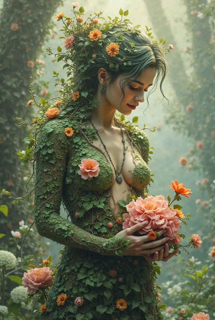 Mother nature, human body, many vines and roots on the body, hands supporting the flowers. Arms covered with roots hanging down, many flowers and leaves.