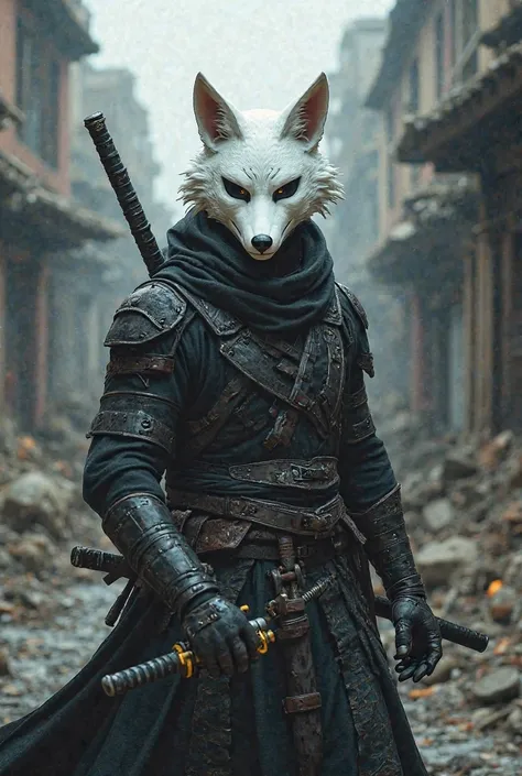 Character with a white fox mask, that has a katana and modern lightweight armor