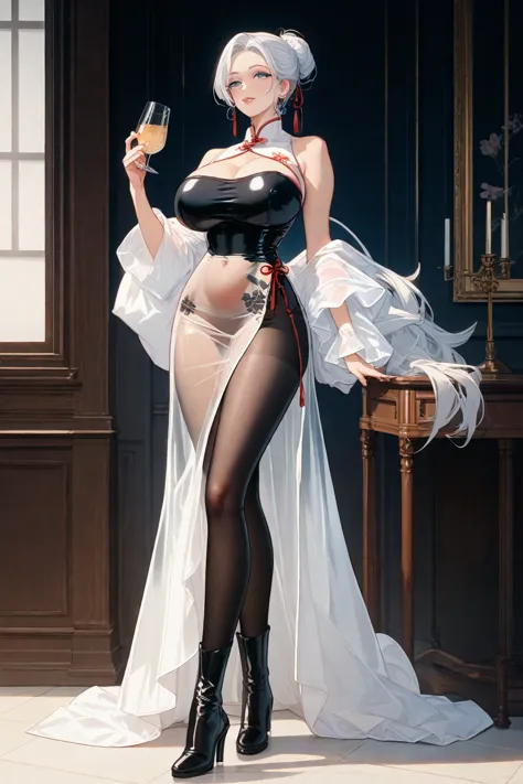  Uncensored ，Female Pope，cheongsam， oversized bust，full body， disdain expression ，full body照，Black Latex Tights， White hair ， High target，Queen-like， anime style，Huge breasts， 2D绘画风格，  comic style，2D，high quality， tall body ，G cup，Mature Woman，Long Legs，Sl...