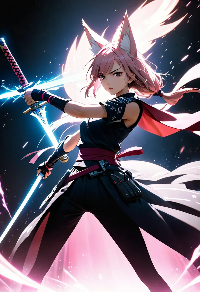 Cyberpunk animation style. A girl with fox ears. She is the best swordsman in the kingdom. Her sword glows a pale pink when she attacks, a mystical slash. She holds her sword with a confident expression. Very low angle shot. Dynamic pose. traditional samur...