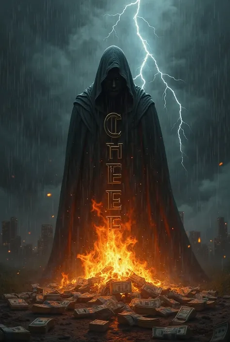 Generate me a photo of, depicting lightning, rain and a hooded man, basking around a fire of money and the inscription chief in the middle
                   