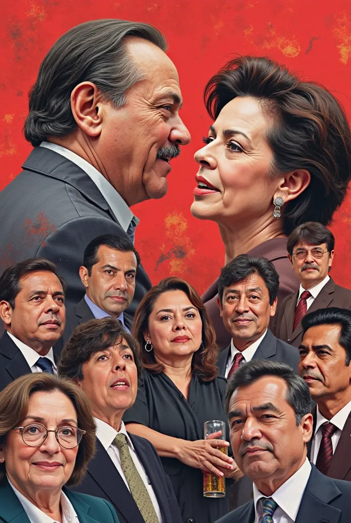 Cover of a book about politics.  The title is "With cherry blood and heart on the left" ( without the quotes ,  logically ) in Exo 2 Bold. The cover is a gradient background of the color #af272f al #75092f, font with a collage of photos of AMLO, Claudia Sh...