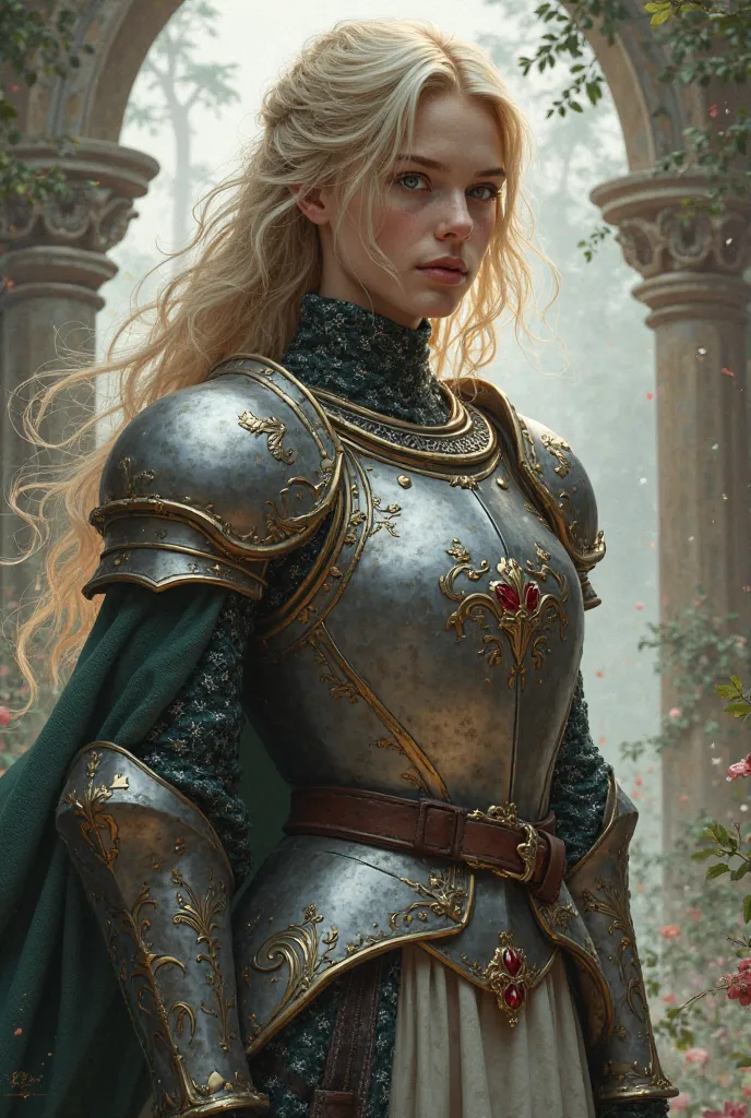  girl fighting dnd wearing knight dress standing serious blonde