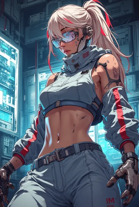 Glossy skin with bronze contouring smoke smooth tone legs as a cord connects to her circuit boards systems,Rapunzel. ponytail blonde hair with red tip, anime girl, cybernetic, Technician, glasses ,Hair: blone with vibrant red tips, styled in a way that ref...