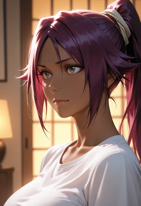 masterpiece, best quality, vibrant, very aesthetic, high contrast, photorealistic portrait,beautiful detailed face,detailed texture,detailed skin,newest, 1girl,source_bleach,Yoruichi Shihouin,shirt,room,realistic lighting,