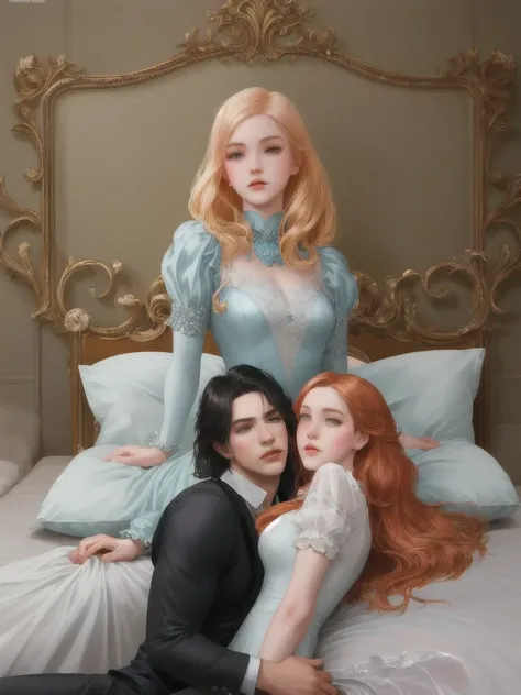 a couple of people laying on a bed together, romance novel cover, artgerm and genzoman, charlie bowater and artgeem, style of charlie bowater, charlie bowater art style, by Yang J, range murata and artgerm, in style of charlie bowater, neoartcore and charl...